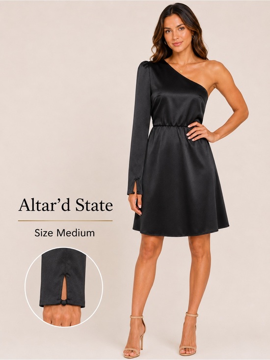Altar'd State Dresses & Skirts - NWT Altar’d State Black Satin One Shoulder Puff Sleeve Mini Dress M